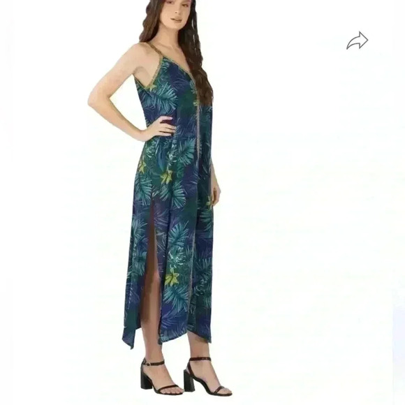 America & Beyond Green Tropical Palm Print Maxi Dress Large - Picture 2 of 8